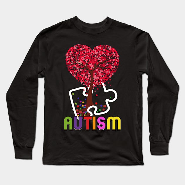 Lovely Autism Tree with colorful heart and puzzle Art Tee Long Sleeve T-Shirt by Norine Linan 